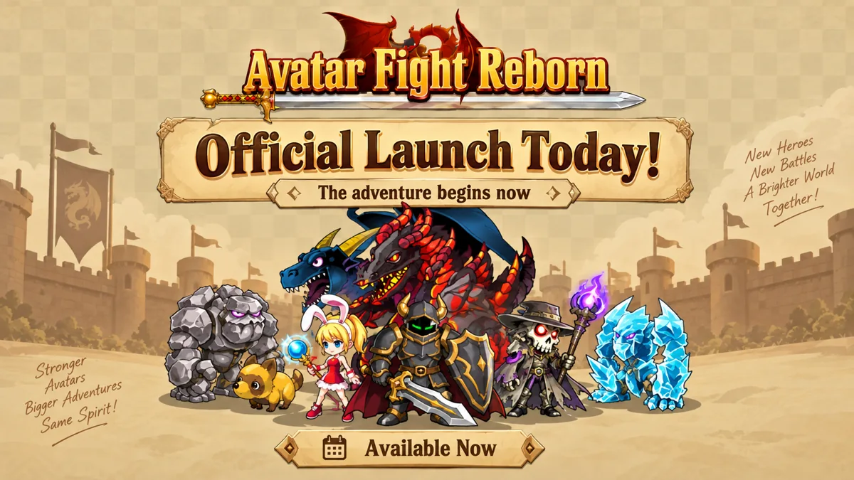 Avatar Fight Online Reborn launch announcement with classic heroes and dragons